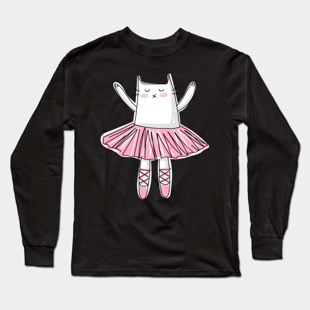 Pink Ballerina Cat Long Sleeve T-Shirt by HappyCatPrints